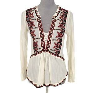 Akemi and Kin Top Womens Small Ivory Red Mesh Embroidered Sequins Blouse Sheer